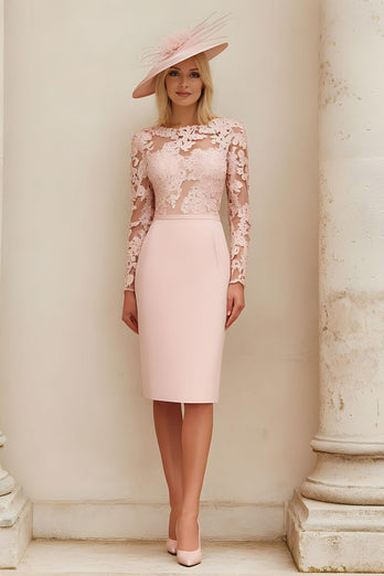 Blush Pink Illusion Lace Boat Neck Midi Mother of the Bride Dress