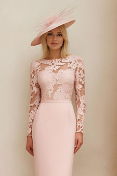 Blush Pink Illusion Lace Boat Neck Midi Mother of the Bride Dress