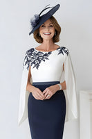 Load image into Gallery viewer, Navy Satin Scoop Neck Midi Mother of the Bride Dress with Sleeves