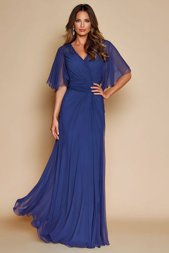 Dark Blue V-Neck Long Sleeves Mother of the Bride Dress
