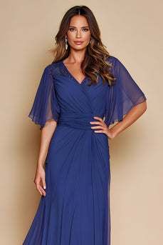 Dark Blue V-Neck Long Sleeves Mother of the Bride Dress