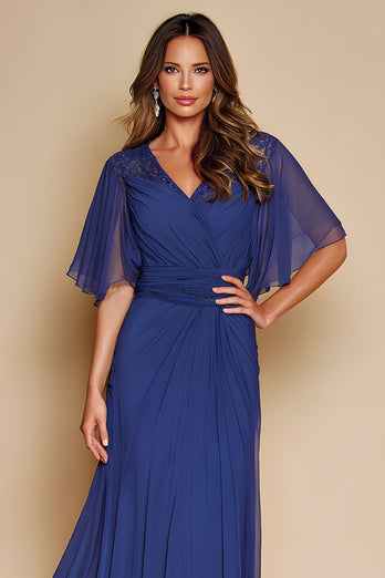 Dark Blue V-Neck Long Sleeves Mother of the Bride Dress
