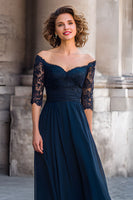 Load image into Gallery viewer, Navy Off the Shoulder Maxi Mother of the Bride Dress with Lace Sleeves