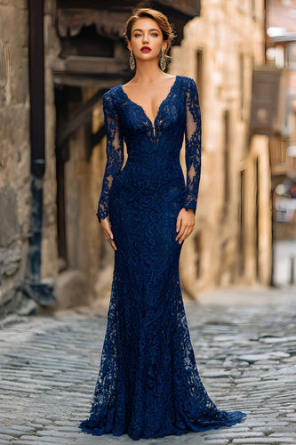 Navy Mermaid Lace V-Neck Long Mother of the Bride Dress