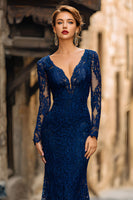 Load image into Gallery viewer, Navy Mermaid Lace V-Neck Long Mother of the Bride Dress