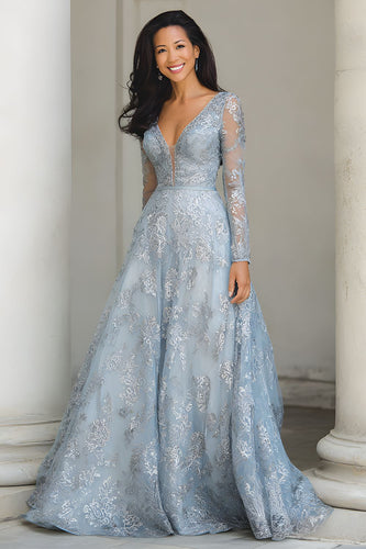 Blue and Silver Lace A Line V-Neck Long Mother of the Bride Dress with Sleeves