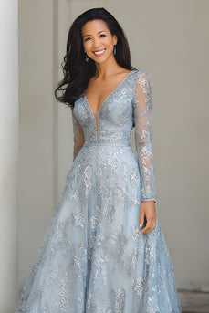 Blue and Silver Lace A Line V-Neck Long Mother of the Bride Dress with Sleeves