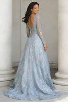 Load image into Gallery viewer, Blue and Silver Lace A Line V-Neck Long Mother of the Bride Dress with Sleeves