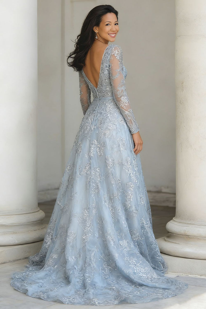 Load image into Gallery viewer, Blue and Silver Lace A Line V-Neck Long Mother of the Bride Dress with Sleeves