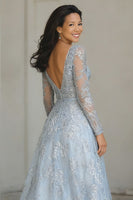 Load image into Gallery viewer, Blue and Silver Lace A Line V-Neck Long Mother of the Bride Dress with Sleeves