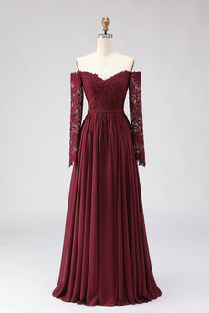 Cabernet Chiffon A Line Long Mother of the Bride Dress with Lace