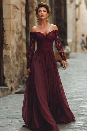 Cabernet Chiffon A Line Long Mother of the Bride Dress with Lace