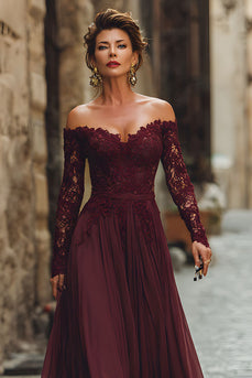 Cabernet Chiffon A Line Long Mother of the Bride Dress with Lace
