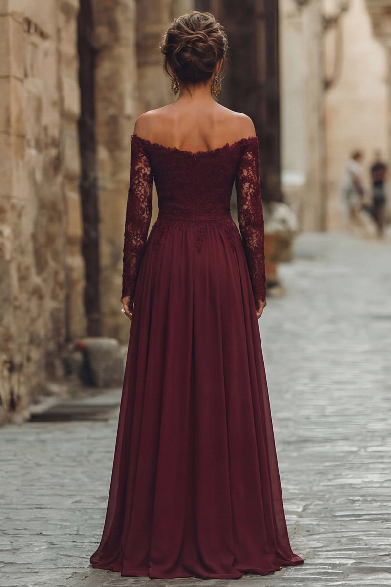 Load image into Gallery viewer, Cabernet Chiffon A Line Long Mother of the Bride Dress with Lace