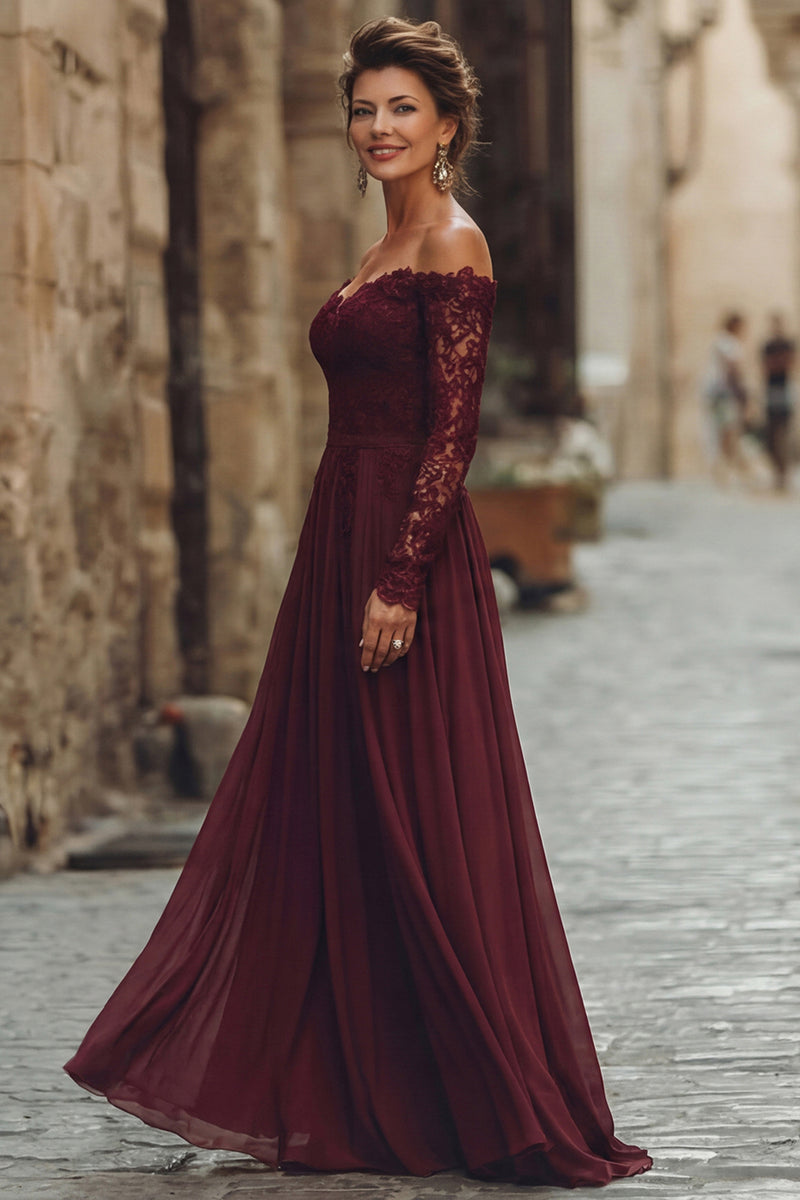 Load image into Gallery viewer, Cabernet Chiffon A Line Long Mother of the Bride Dress with Lace