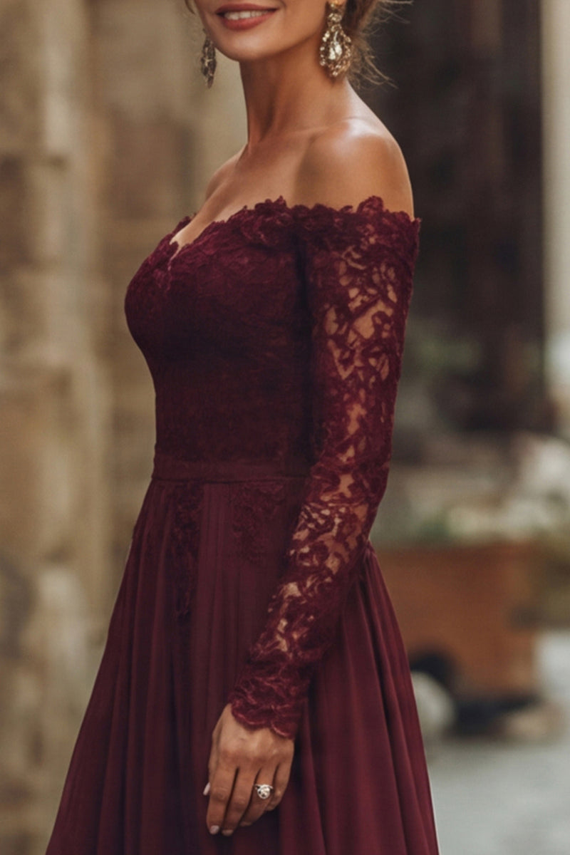 Load image into Gallery viewer, Cabernet Chiffon A Line Long Mother of the Bride Dress with Lace