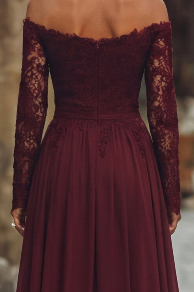 Load image into Gallery viewer, Cabernet Chiffon A Line Long Mother of the Bride Dress with Lace