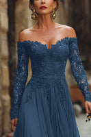 Load image into Gallery viewer, Cabernet Chiffon A Line Long Mother of the Bride Dress with Lace