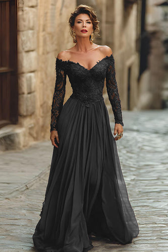 Black A Line Maxi Chiffon Mother of the Bride Dress with Sleeves