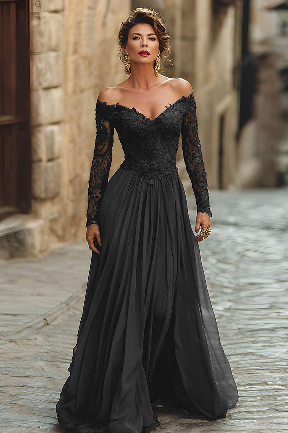 Black A Line Maxi Chiffon Mother of the Bride Dress with Sleeves