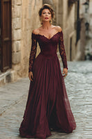 Load image into Gallery viewer, Cabernet Chiffon A Line Long Mother of the Bride Dress with Sleeves