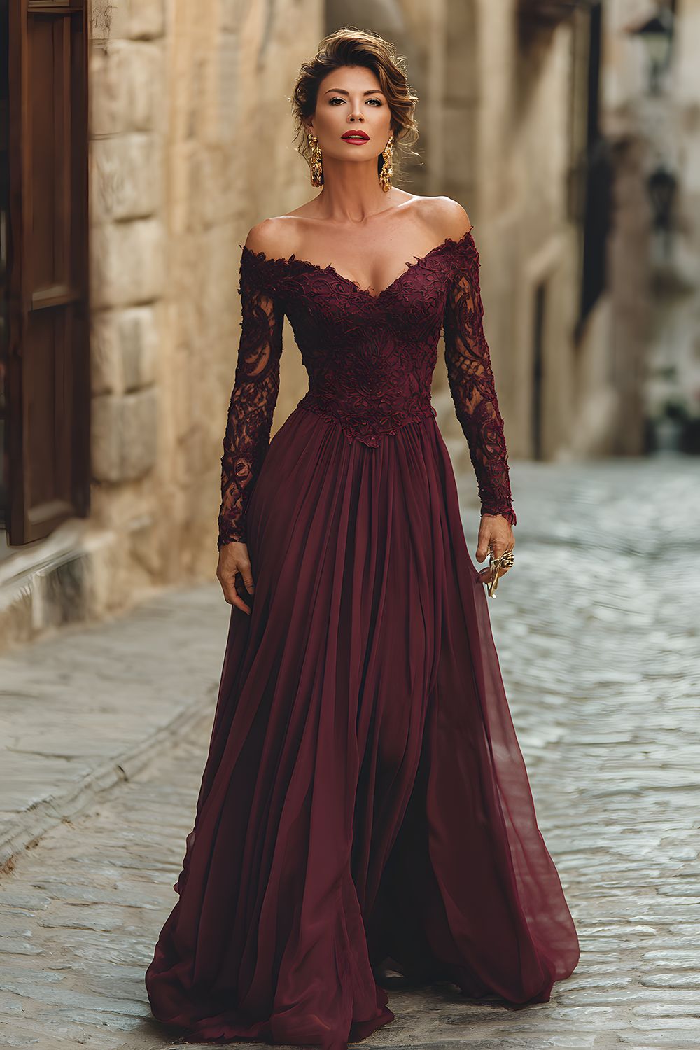 Cabernet Chiffon A Line Long Mother of the Bride Dress with Sleeves