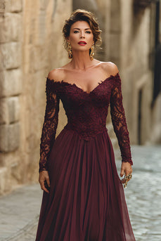Cabernet Chiffon A Line Long Mother of the Bride Dress with Sleeves