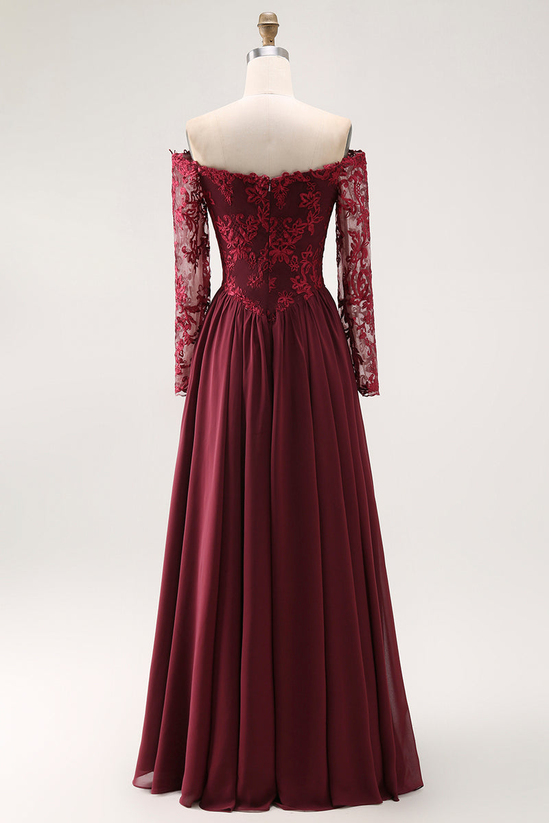 Load image into Gallery viewer, Cabernet Chiffon A Line Long Mother of the Bride Dress with Sleeves