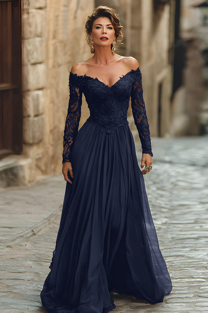 Load image into Gallery viewer, Black A Line Maxi Chiffon Mother of the Bride Dress with Sleeves