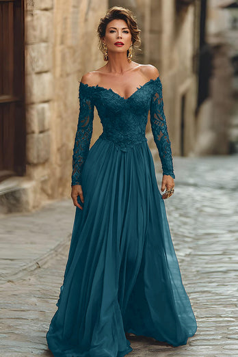 Cabernet Chiffon A Line Long Mother of the Bride Dress with Sleeves