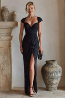 Load image into Gallery viewer, Black Ruched Cap Sleeves Long Mother of the Bride Dress with Slit