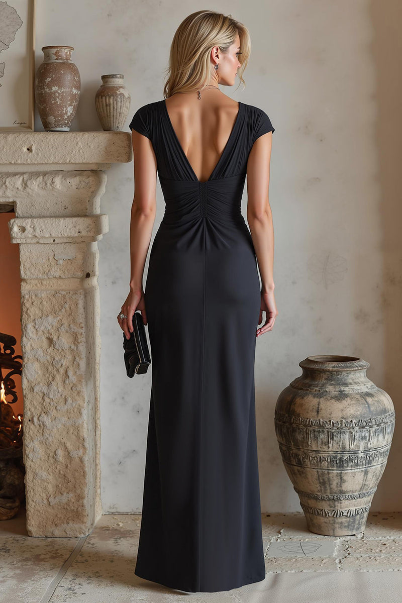 Load image into Gallery viewer, Black Ruched Cap Sleeves Long Mother of the Bride Dress with Slit
