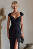 Load image into Gallery viewer, Black Ruched Cap Sleeves Long Mother of the Bride Dress with Slit