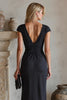 Load image into Gallery viewer, Black Ruched Cap Sleeves Long Mother of the Bride Dress with Slit