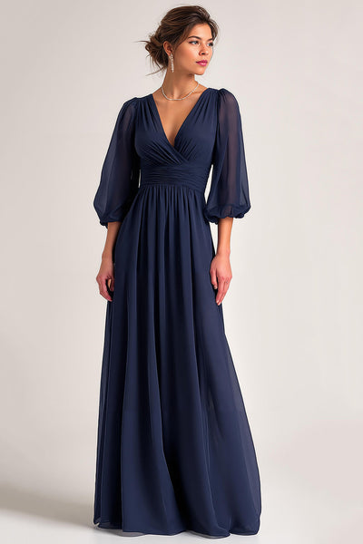 Navy Chiffon V-Neck A Line Maxi Mother of the Bride Dress with Sleeves