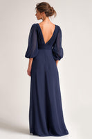 Load image into Gallery viewer, Navy Chiffon V-Neck A Line Maxi Mother of the Bride Dress with Sleeves