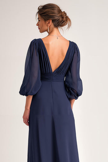 Navy Chiffon V-Neck A Line Maxi Mother of the Bride Dress with Sleeves