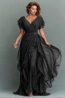 Load image into Gallery viewer, Navy Chiffon V-Neck Ruched Maxi Mother of the Bride Dress with Ruffles