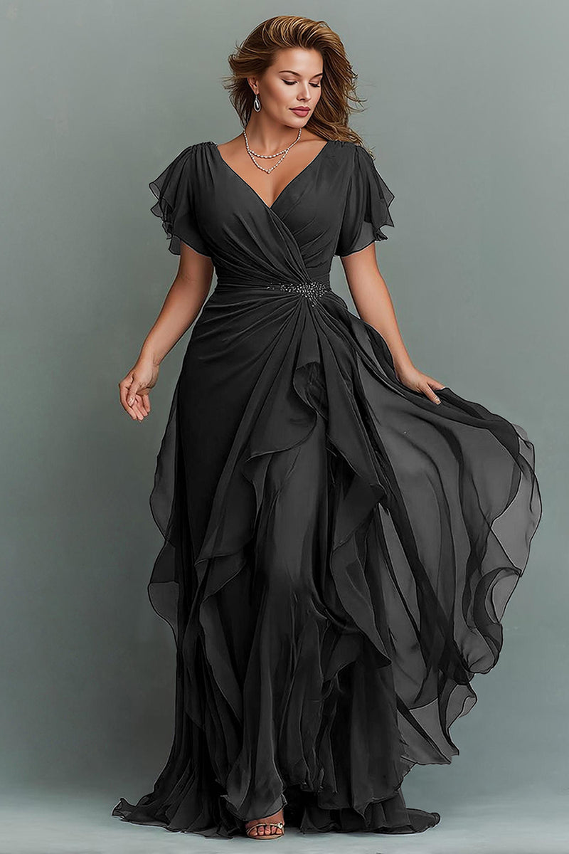 Load image into Gallery viewer, Navy Chiffon V-Neck Ruched Maxi Mother of the Bride Dress with Ruffles