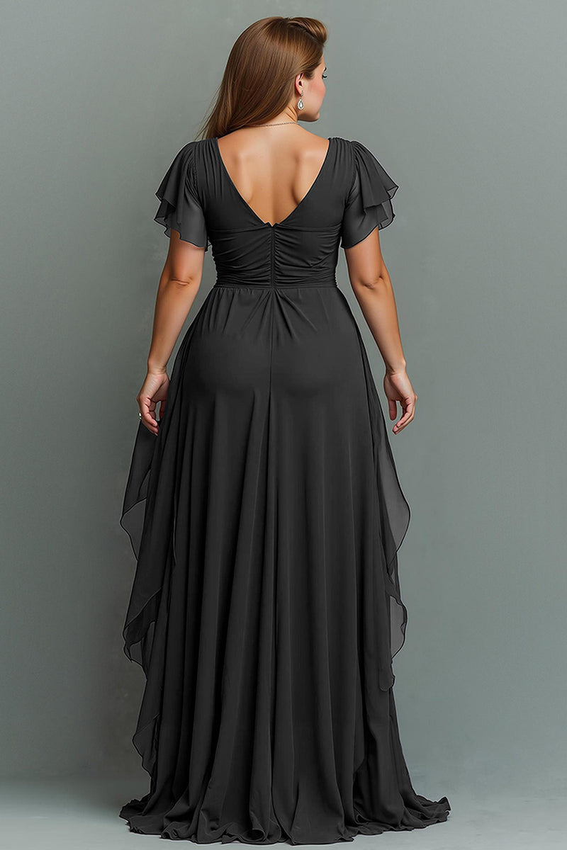 Load image into Gallery viewer, Navy Chiffon V-Neck Ruched Maxi Mother of the Bride Dress with Ruffles