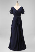 Load image into Gallery viewer, Navy Chiffon V-Neck Ruched Maxi Mother of the Bride Dress with Ruffles