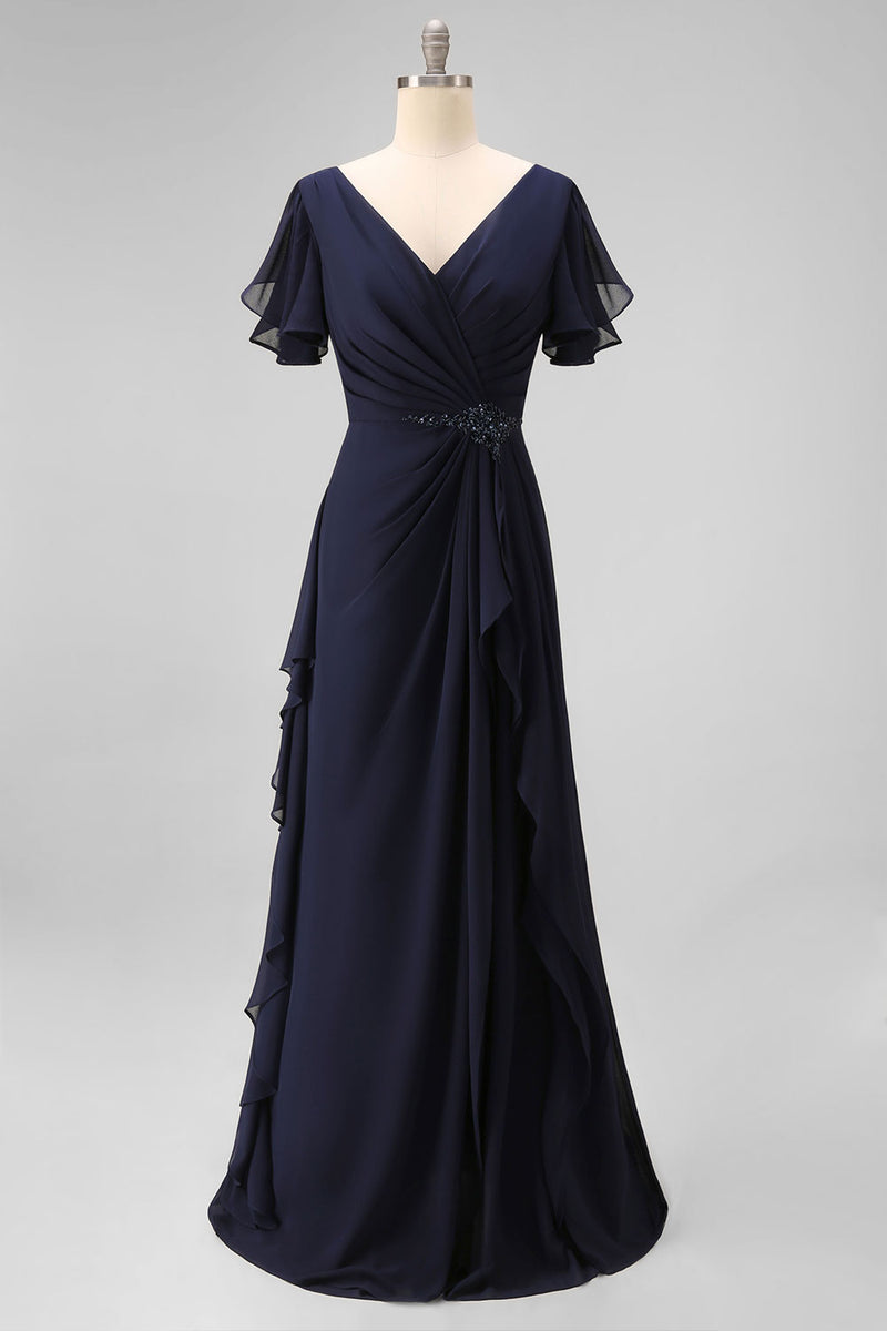 Load image into Gallery viewer, Navy Chiffon V-Neck Ruched Maxi Mother of the Bride Dress with Ruffles