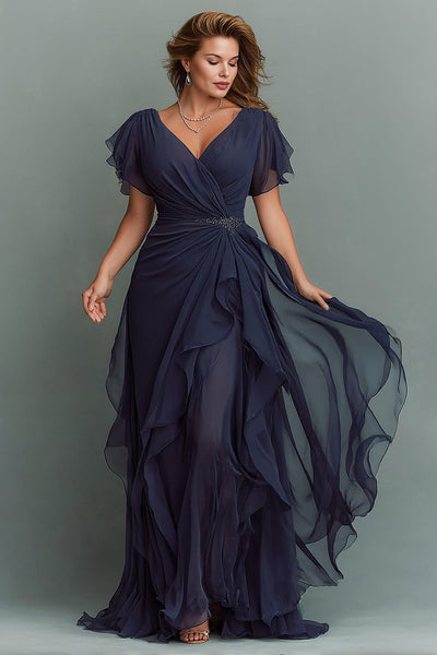 Navy Chiffon V-Neck Ruched Maxi Mother of the Bride Dress with Ruffles