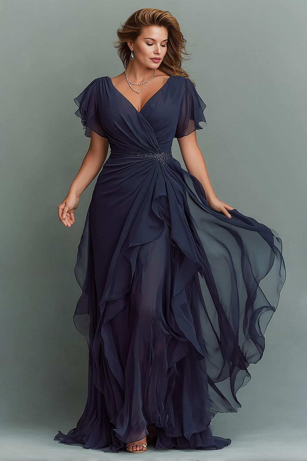 Navy Chiffon V-Neck Ruched Maxi Mother of the Bride Dress with Ruffles