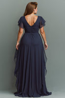 Load image into Gallery viewer, Navy Chiffon V-Neck Ruched Maxi Mother of the Bride Dress with Ruffles