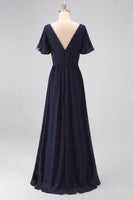 Load image into Gallery viewer, Navy Chiffon V-Neck Ruched Maxi Mother of the Bride Dress with Ruffles