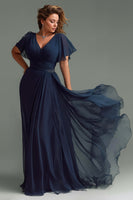 Load image into Gallery viewer, Navy Chiffon Short Sleeves V-Neck Long Mother of the Bride Dress