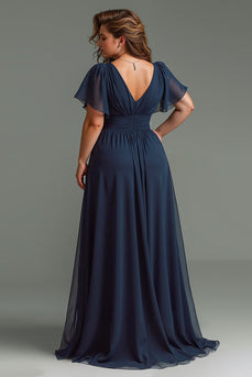 Navy Chiffon Short Sleeves V-Neck Long Mother of the Bride Dress