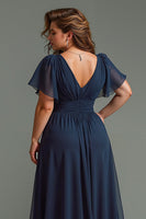 Load image into Gallery viewer, Navy Chiffon Short Sleeves V-Neck Long Mother of the Bride Dress