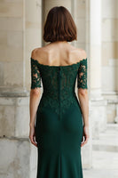 Load image into Gallery viewer, Pine Green Mermaid Off the Shoulder Long Mother of the Bride Dress with Appliques